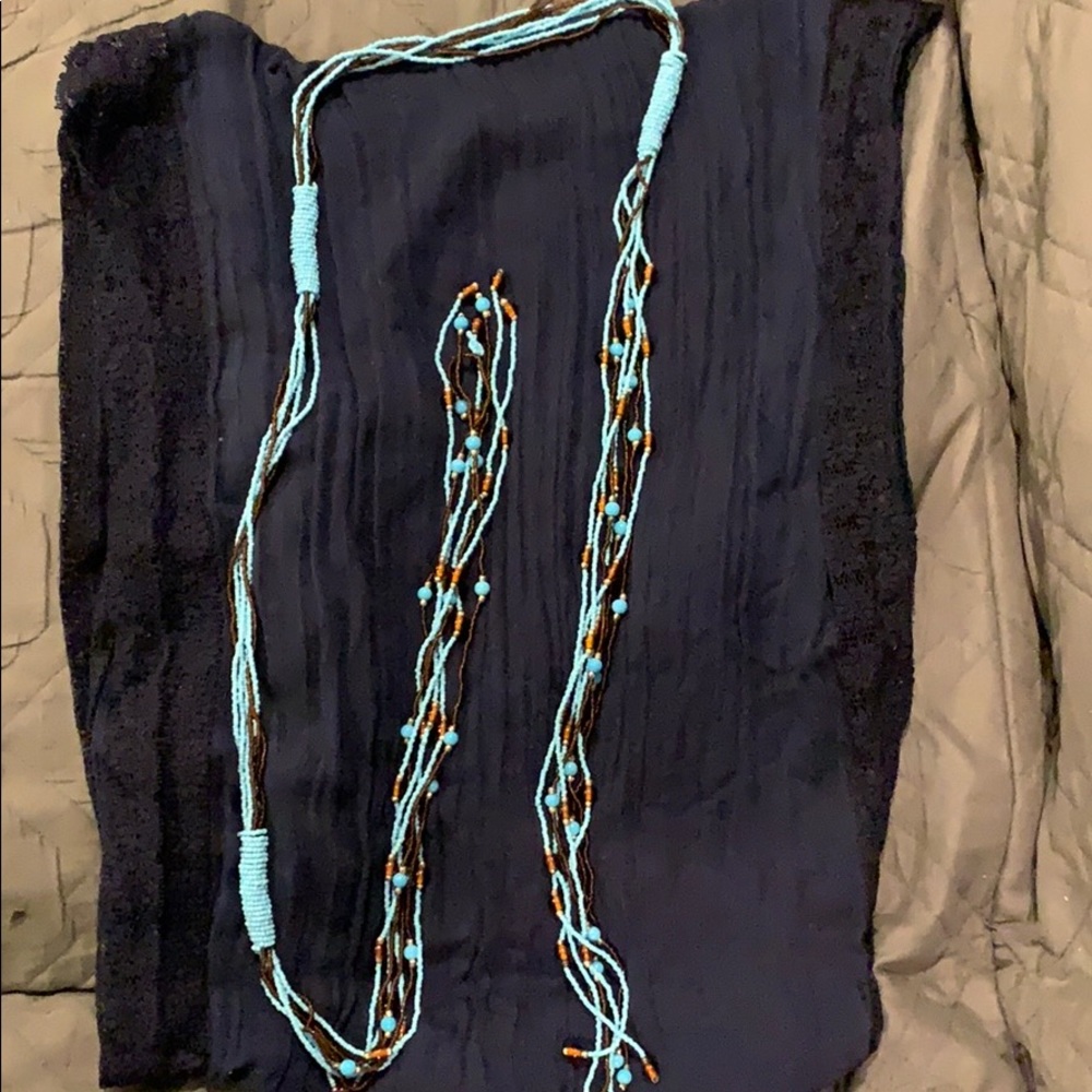 Long brown and turquoise beaded open-end necklace